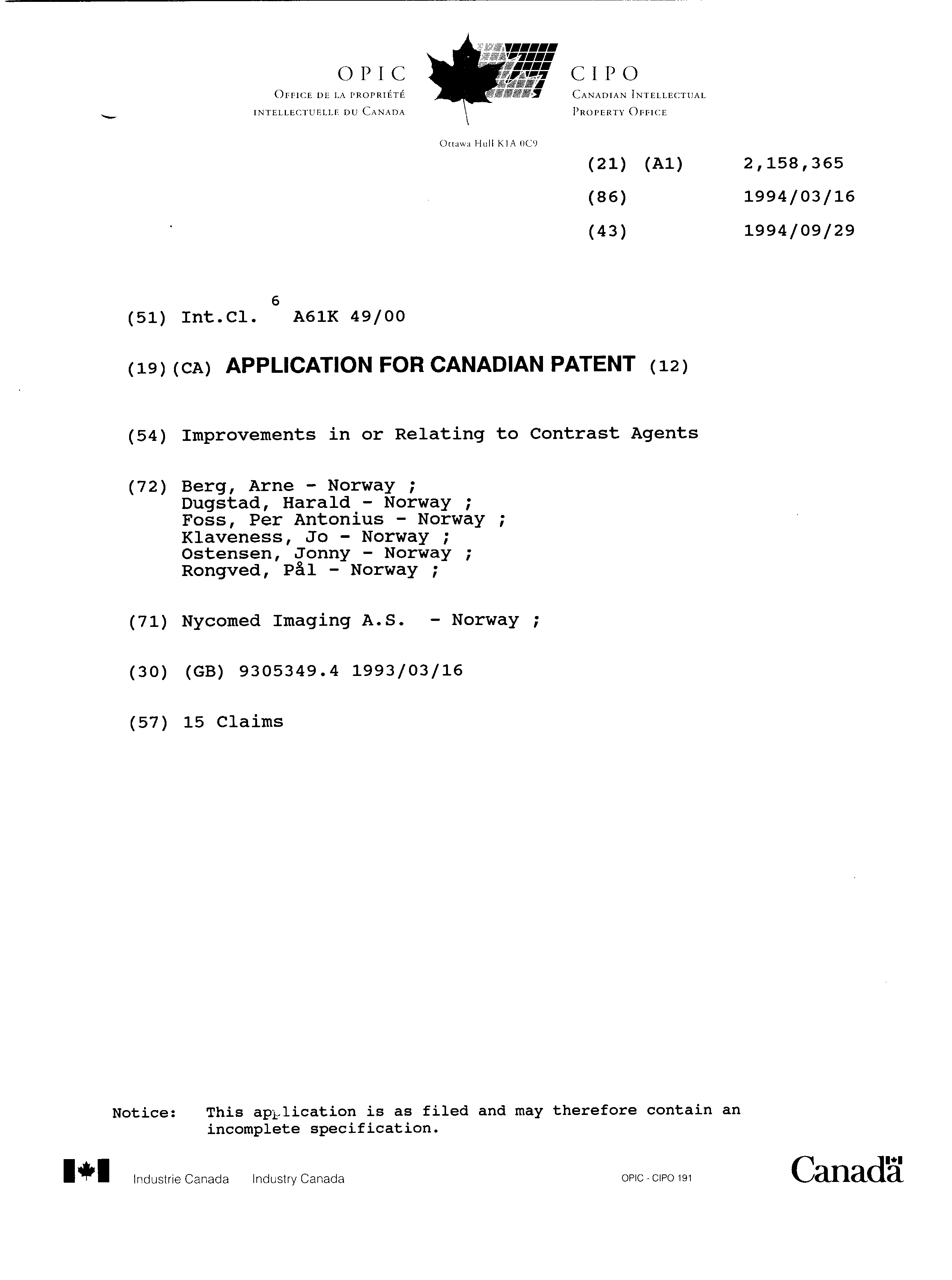 Document de brevet canadien 2158365. Page couverture 19951220. Image 1 de 1