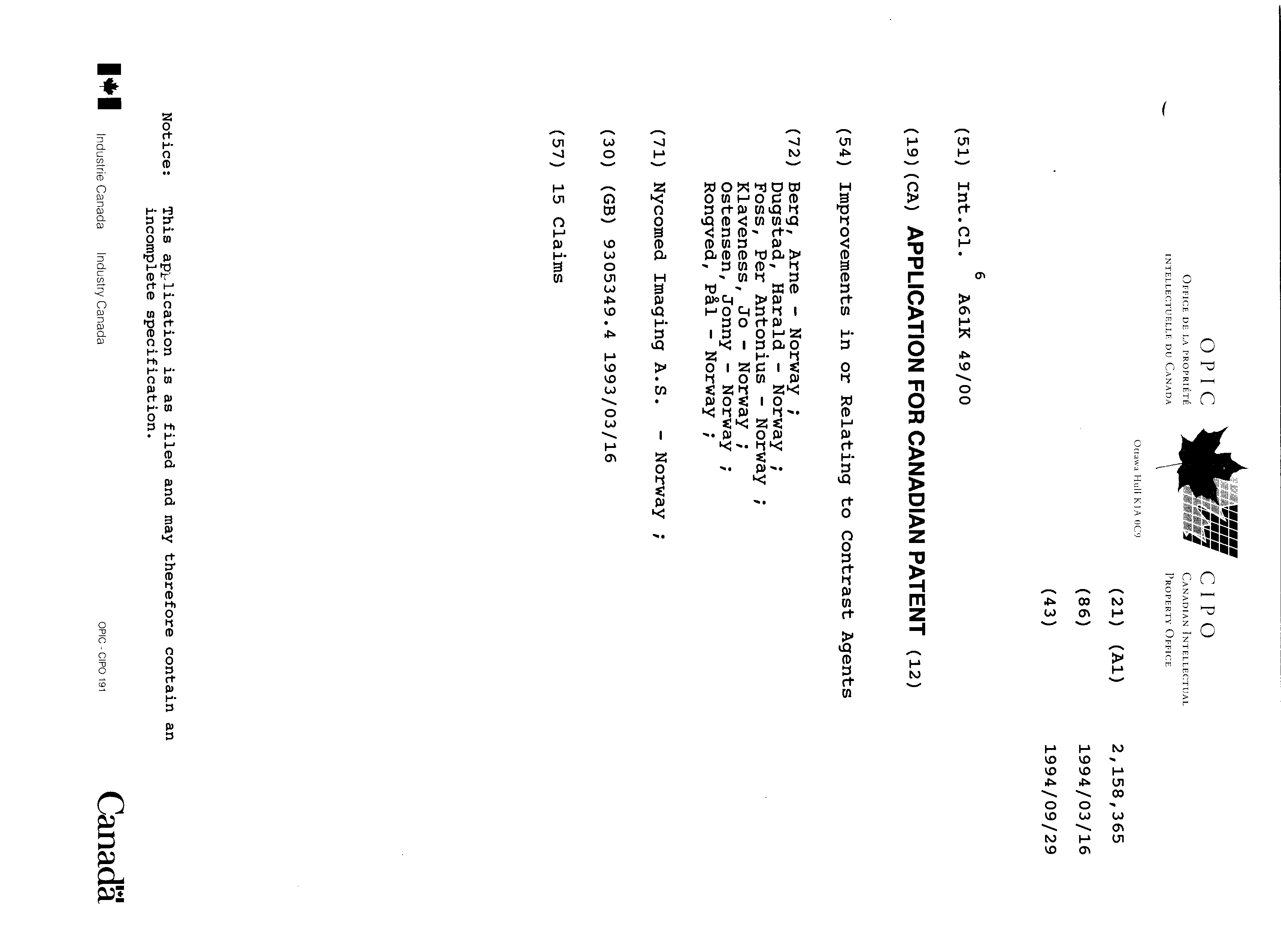 Canadian Patent Document 2158365. Cover Page 19951220. Image 1 of 1