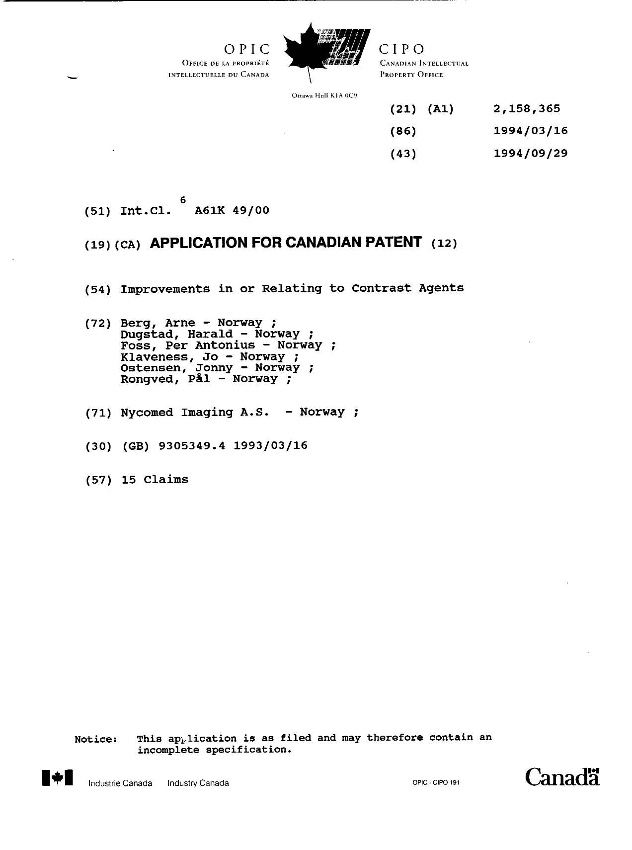 Document de brevet canadien 2158365. Page couverture 19960220. Image 1 de 1
