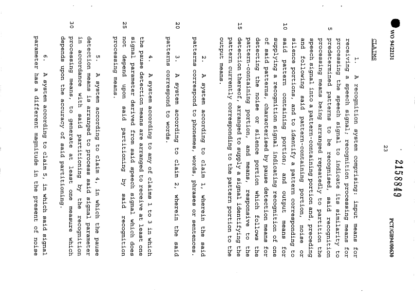 Document de brevet canadien 2158849. Revendications 19940929. Image 1 de 5