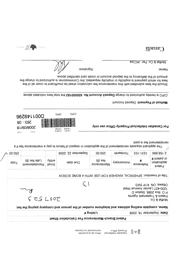 Canadian Patent Document 2158890. Fees 20080918. Image 1 of 1