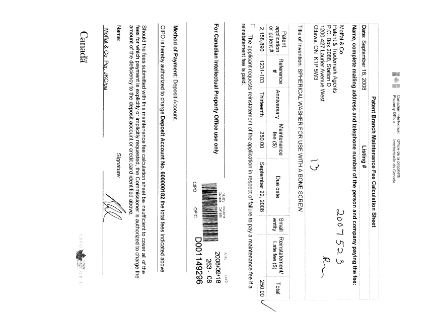 Document de brevet canadien 2158890. Taxes 20080918. Image 1 de 1