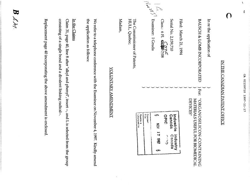 Canadian Patent Document 2159710. Prosecution-Amendment 19971117. Image 1 of 2