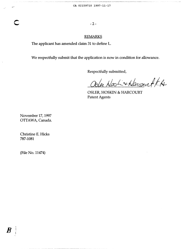 Canadian Patent Document 2159710. Prosecution-Amendment 19971117. Image 2 of 2