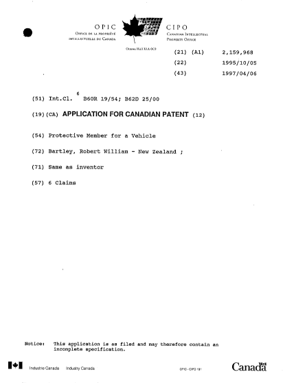 Canadian Patent Document 2159968. Cover Page 20001208. Image 1 of 1