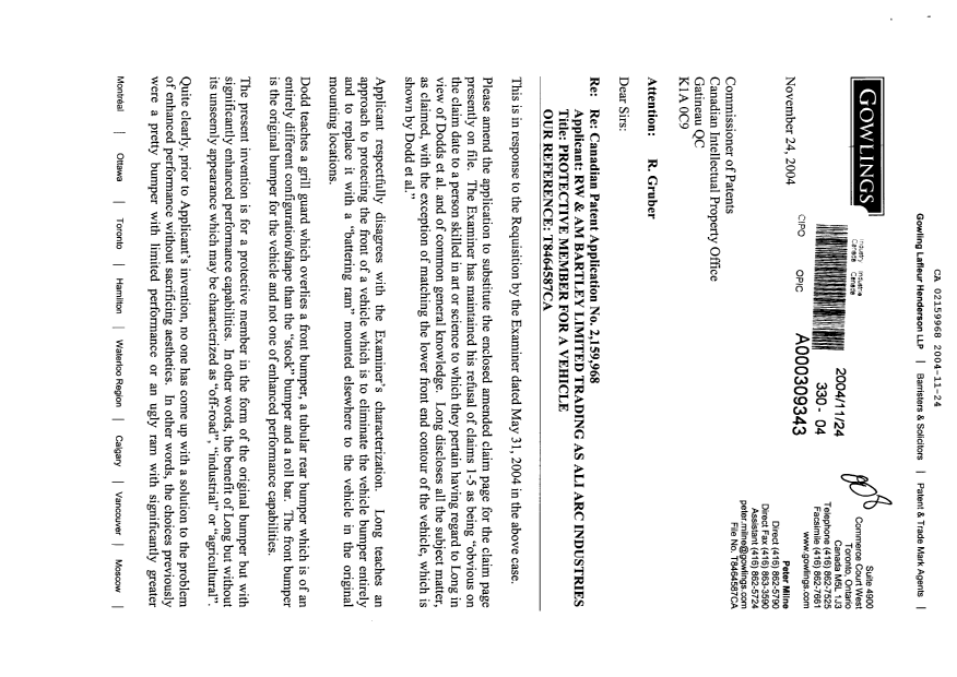 Document de brevet canadien 2159968. Poursuite-Amendment 20041124. Image 1 de 4
