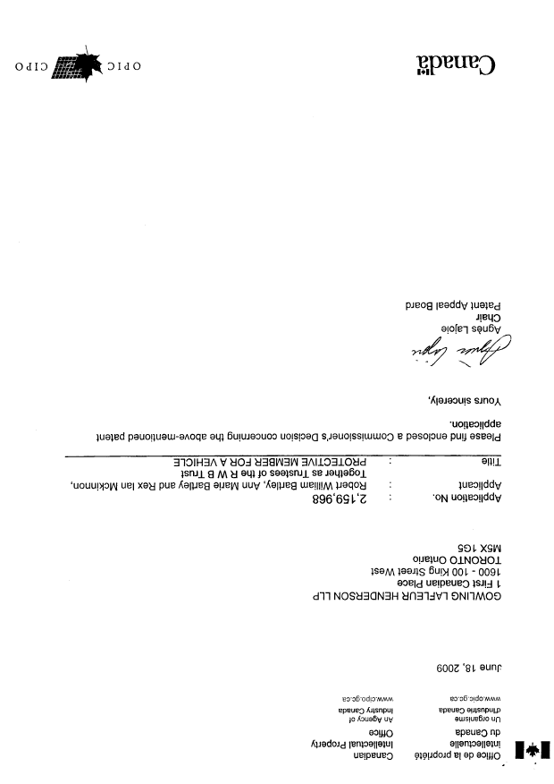 Canadian Patent Document 2159968. Correspondence 20090618. Image 1 of 19