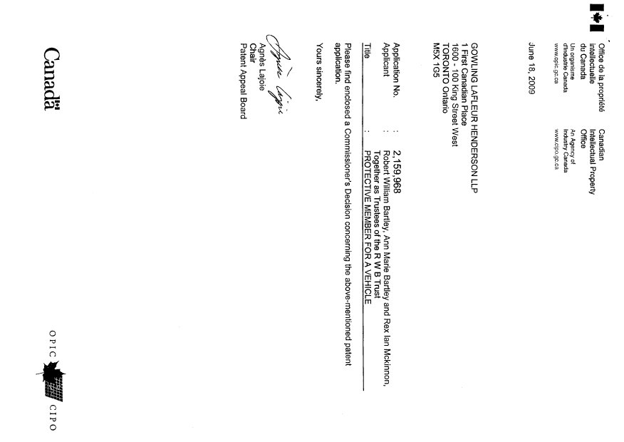 Document de brevet canadien 2159968. Correspondance 20090618. Image 1 de 19