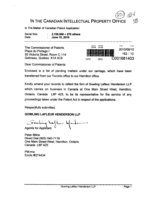 Canadian Patent Document 2159968. Correspondence 20100610. Image 1 of 9