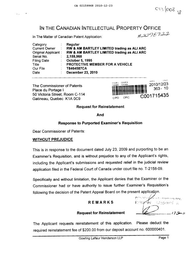 Canadian Patent Document 2159968. Prosecution-Amendment 20101223. Image 1 of 3