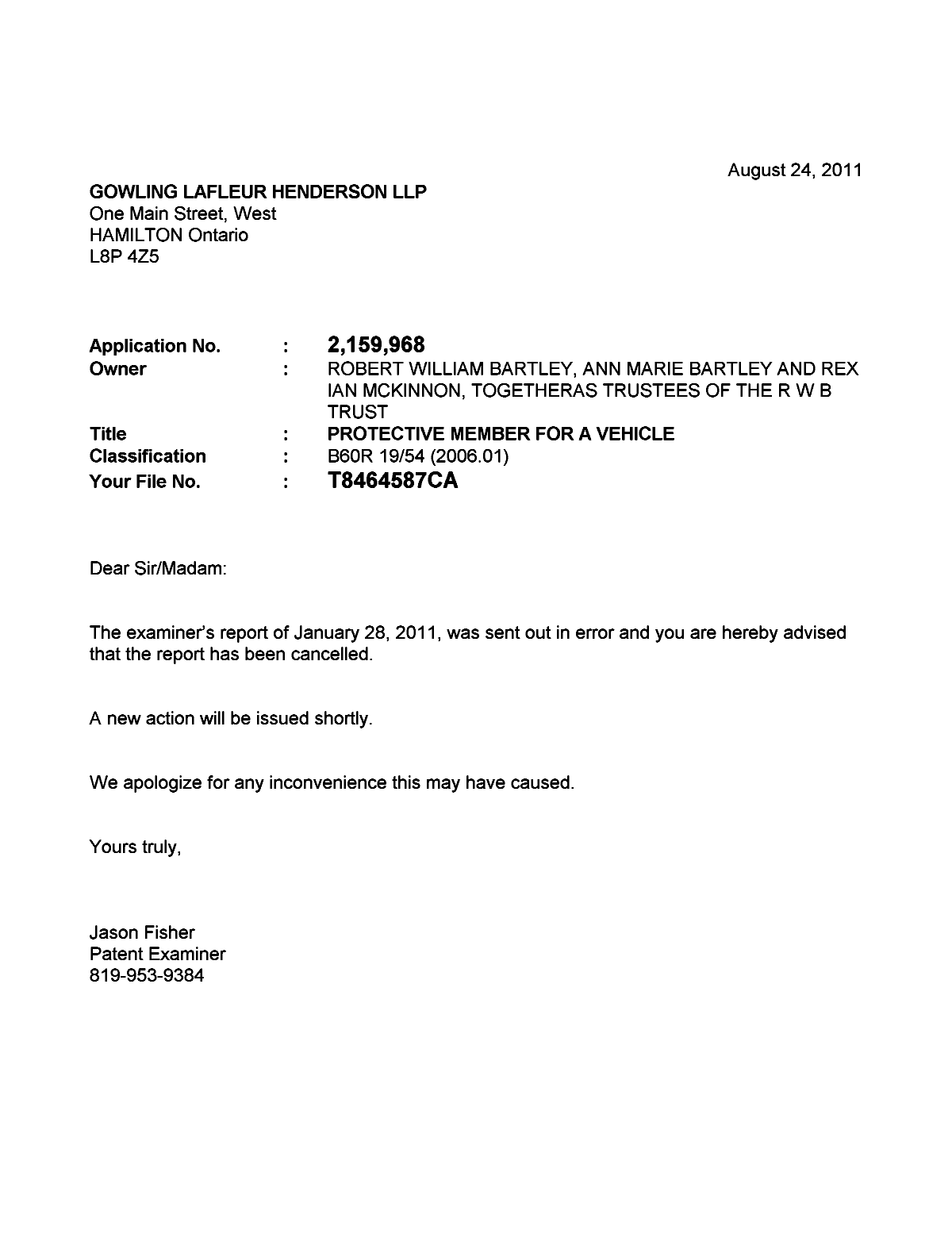 Document de brevet canadien 2159968. Correspondance 20110824. Image 1 de 1