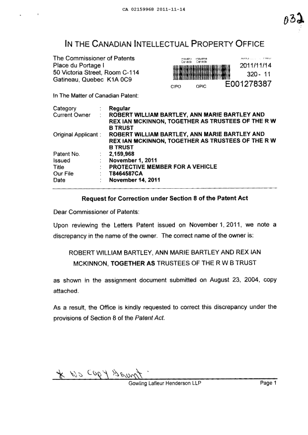 Canadian Patent Document 2159968. Correspondence 20111114. Image 1 of 3