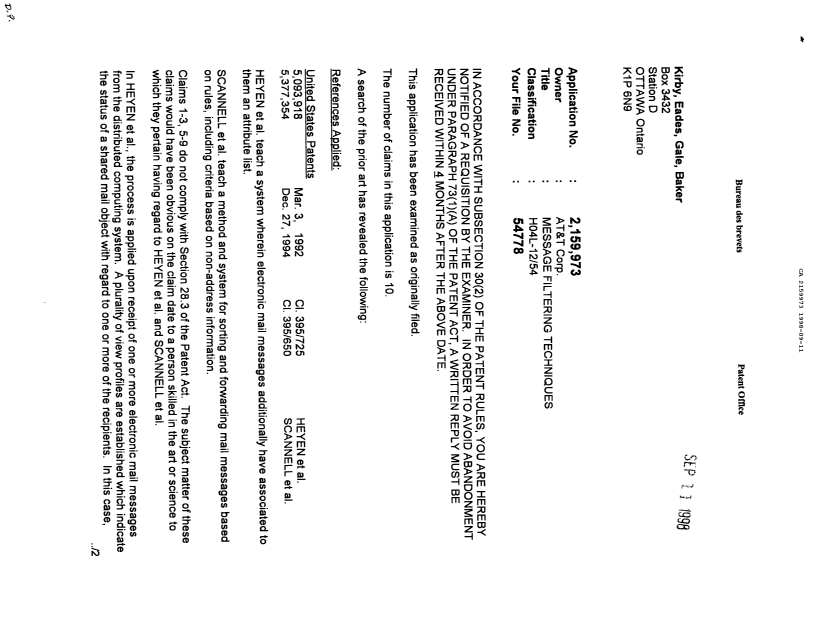 Document de brevet canadien 2159973. Poursuite-Amendment 19971211. Image 1 de 2