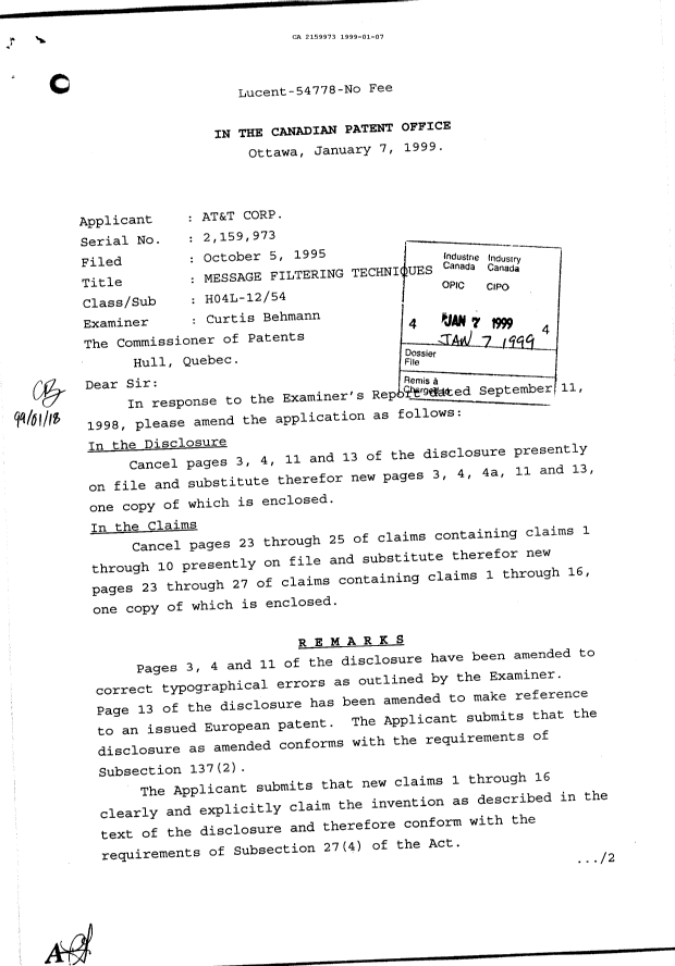 Document de brevet canadien 2159973. Poursuite-Amendment 19981207. Image 1 de 2