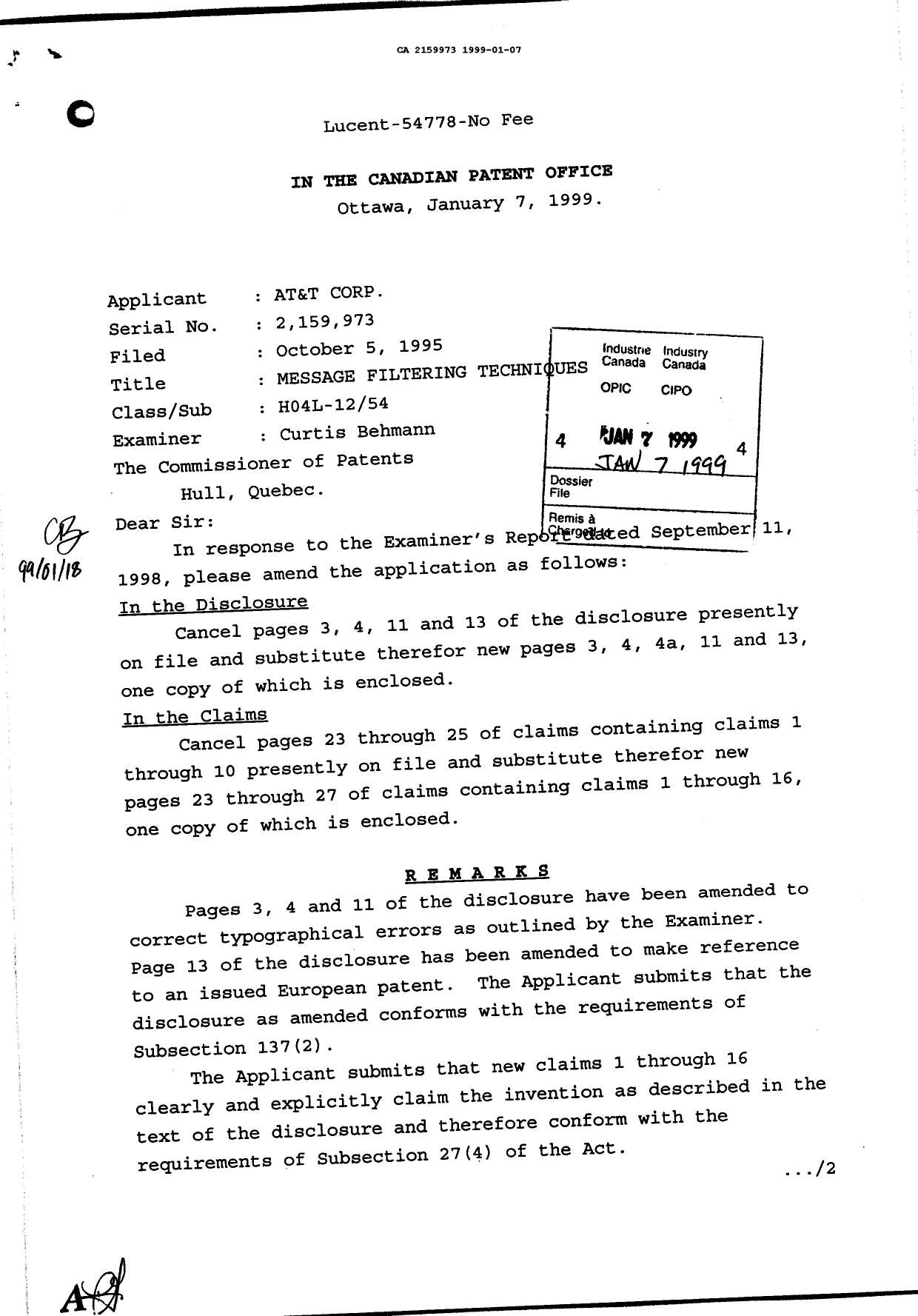 Canadian Patent Document 2159973. Prosecution-Amendment 19981207. Image 1 of 2