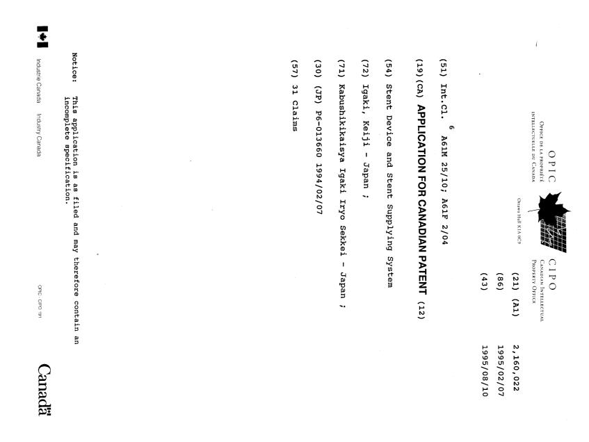 Document de brevet canadien 2160022. Page couverture 19960227. Image 1 de 1