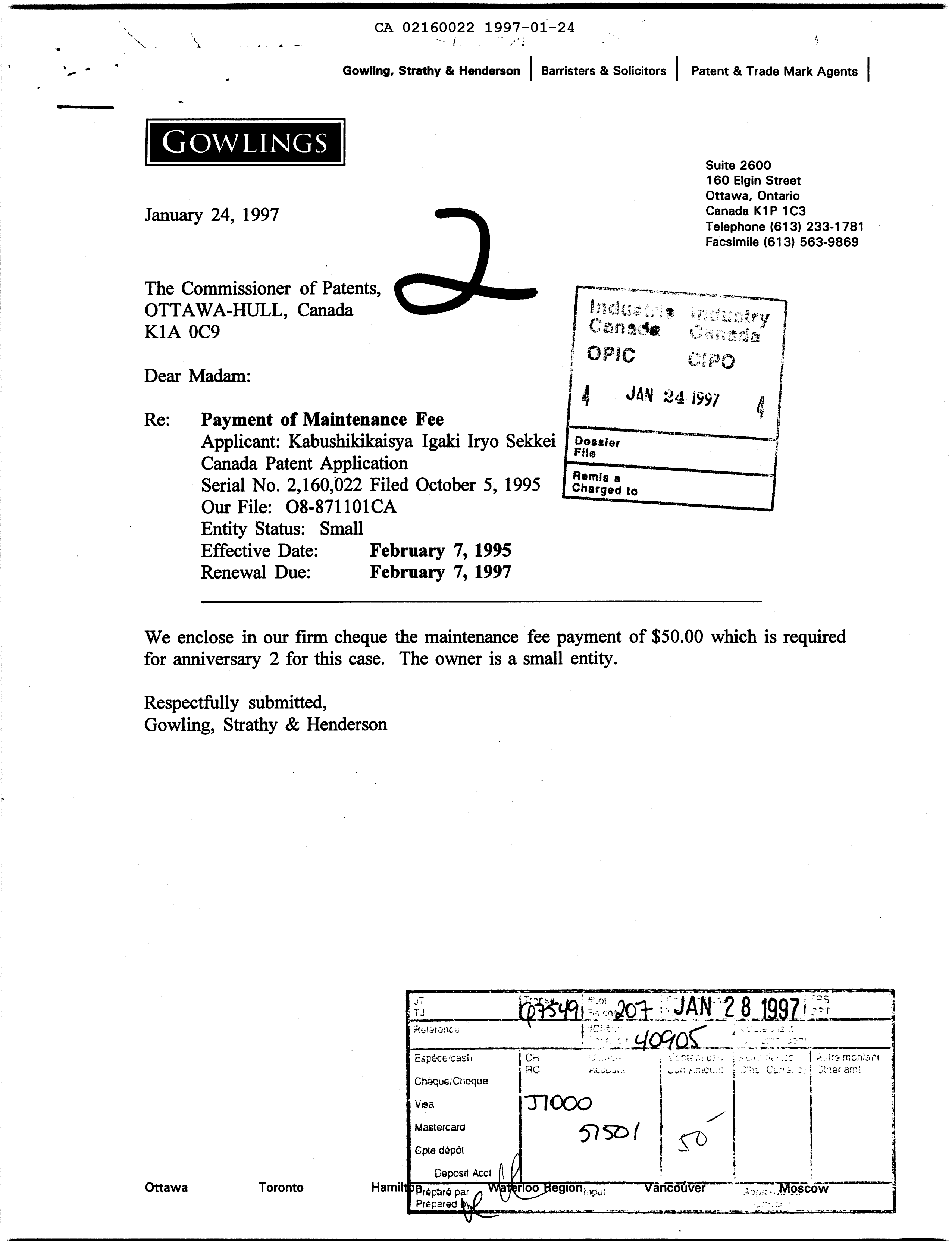 Document de brevet canadien 2160022. Taxes 19970124. Image 1 de 1