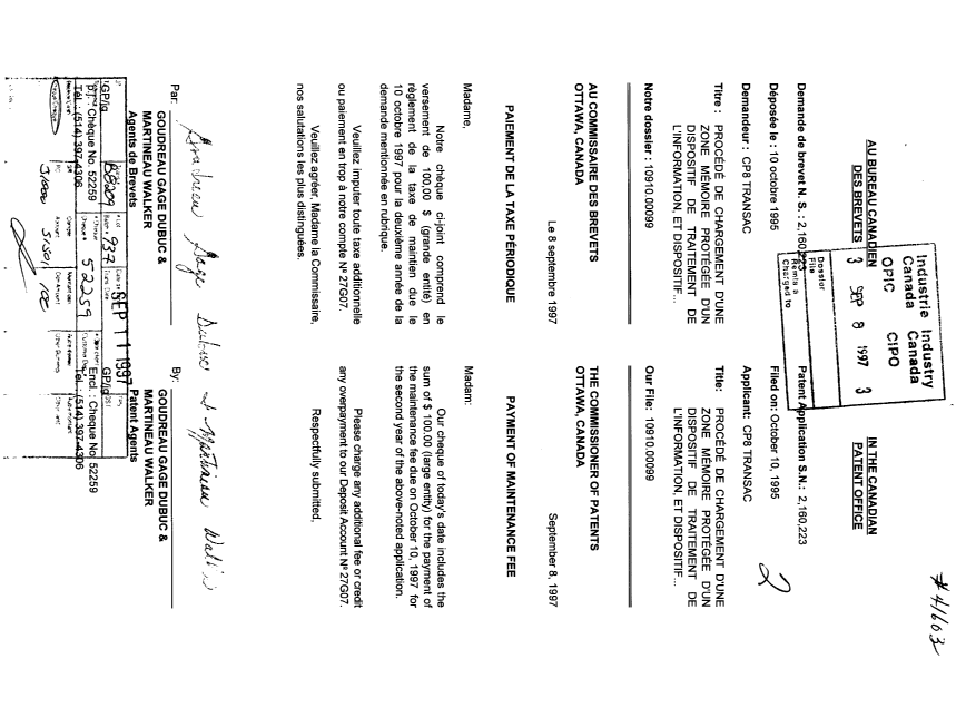 Document de brevet canadien 2160223. Taxes 19970908. Image 1 de 1