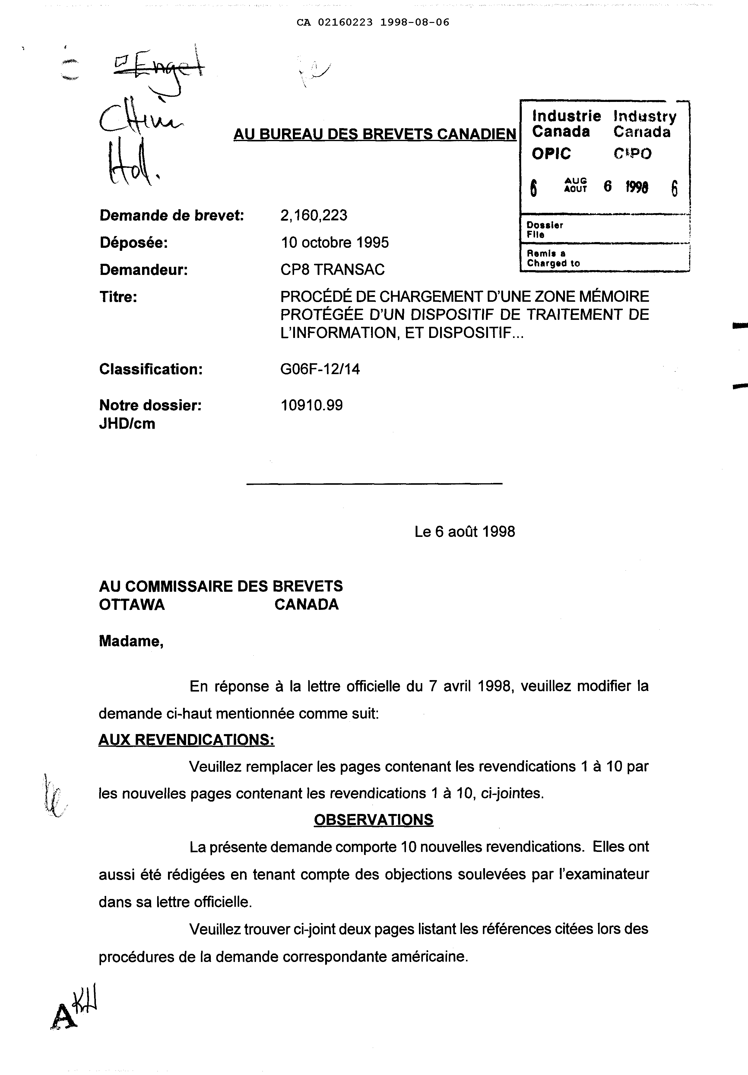 Canadian Patent Document 2160223. Prosecution-Amendment 19980806. Image 1 of 2