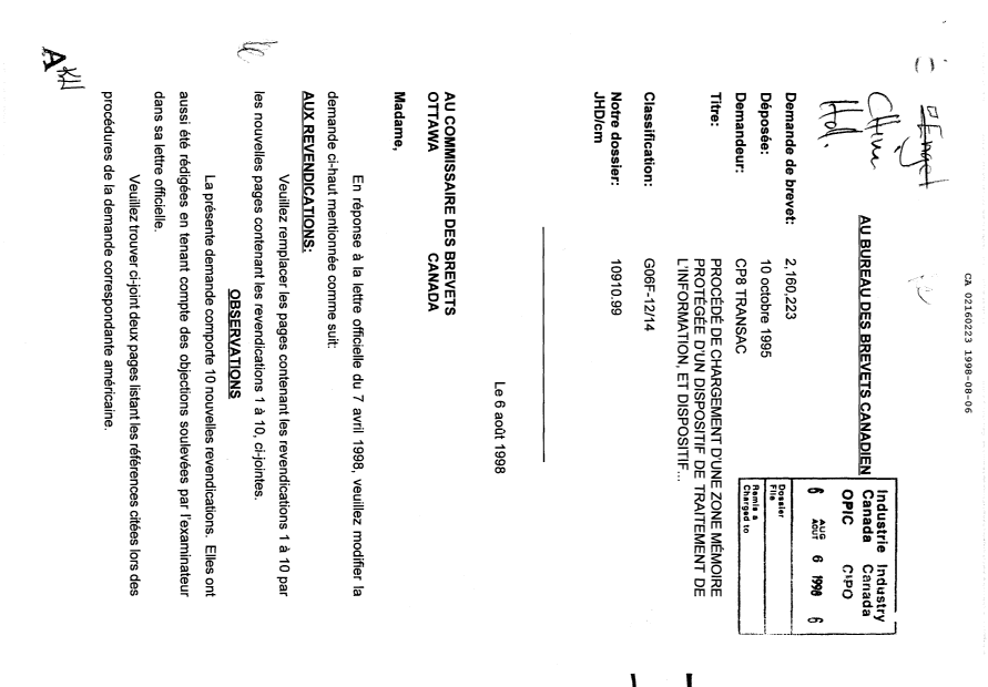 Document de brevet canadien 2160223. Poursuite-Amendment 19980806. Image 1 de 2