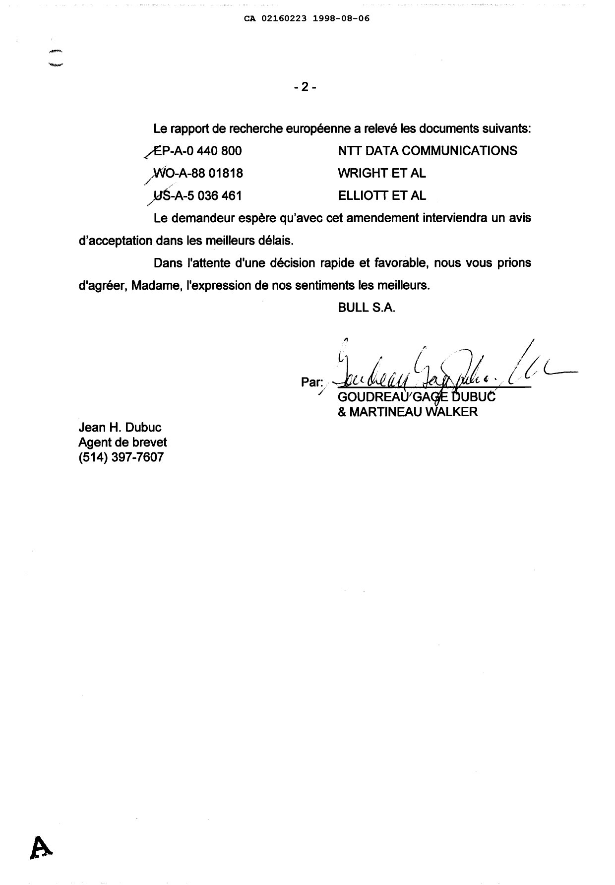 Canadian Patent Document 2160223. Prosecution-Amendment 19980806. Image 2 of 2