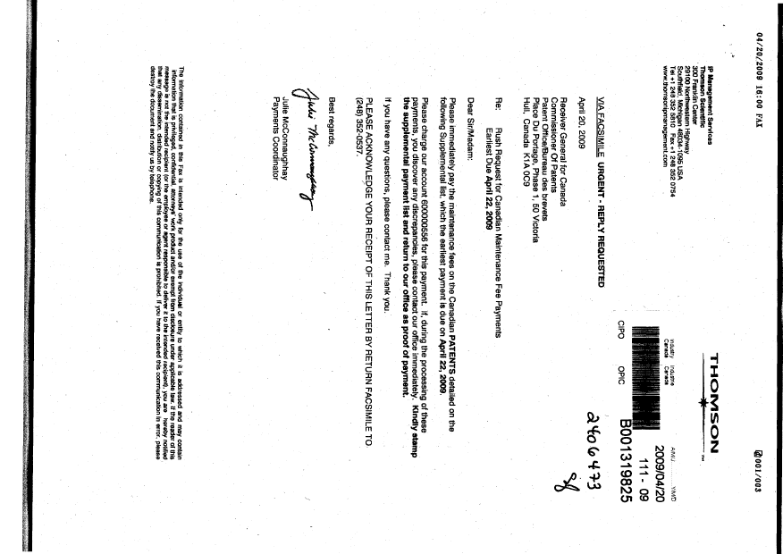 Canadian Patent Document 2160245. Fees 20081220. Image 1 of 2