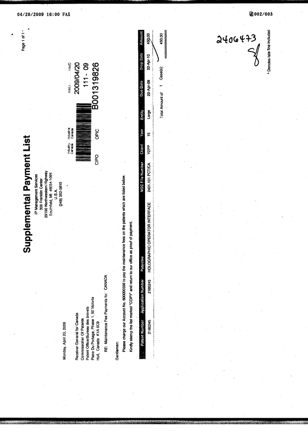 Canadian Patent Document 2160245. Fees 20081220. Image 2 of 2