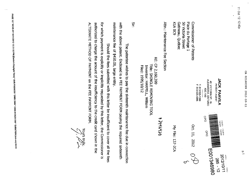 Document de brevet canadien 2160399. Taxes 20121011. Image 1 de 1