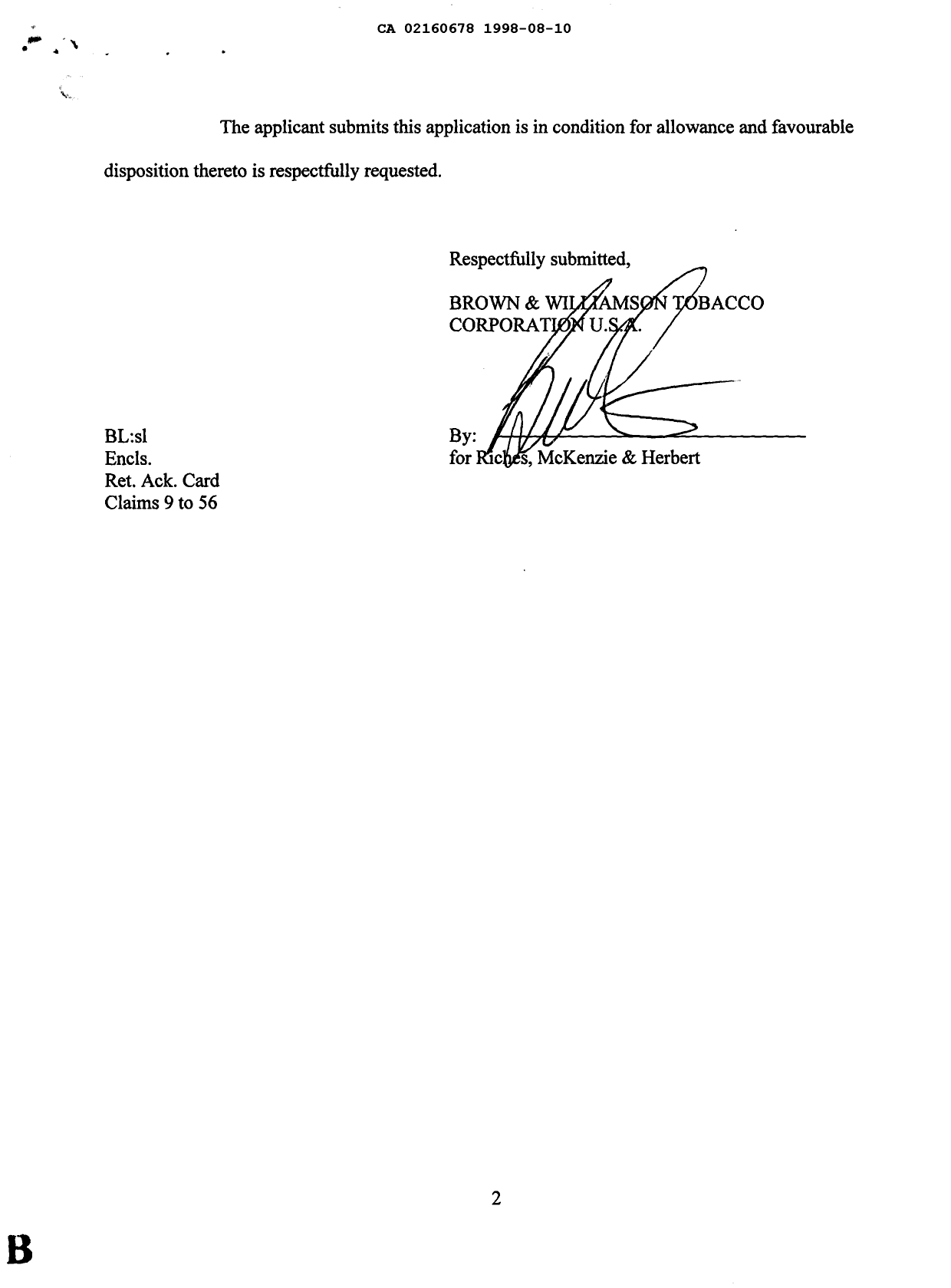 Document de brevet canadien 2160678. Poursuite-Amendment 19980810. Image 2 de 2