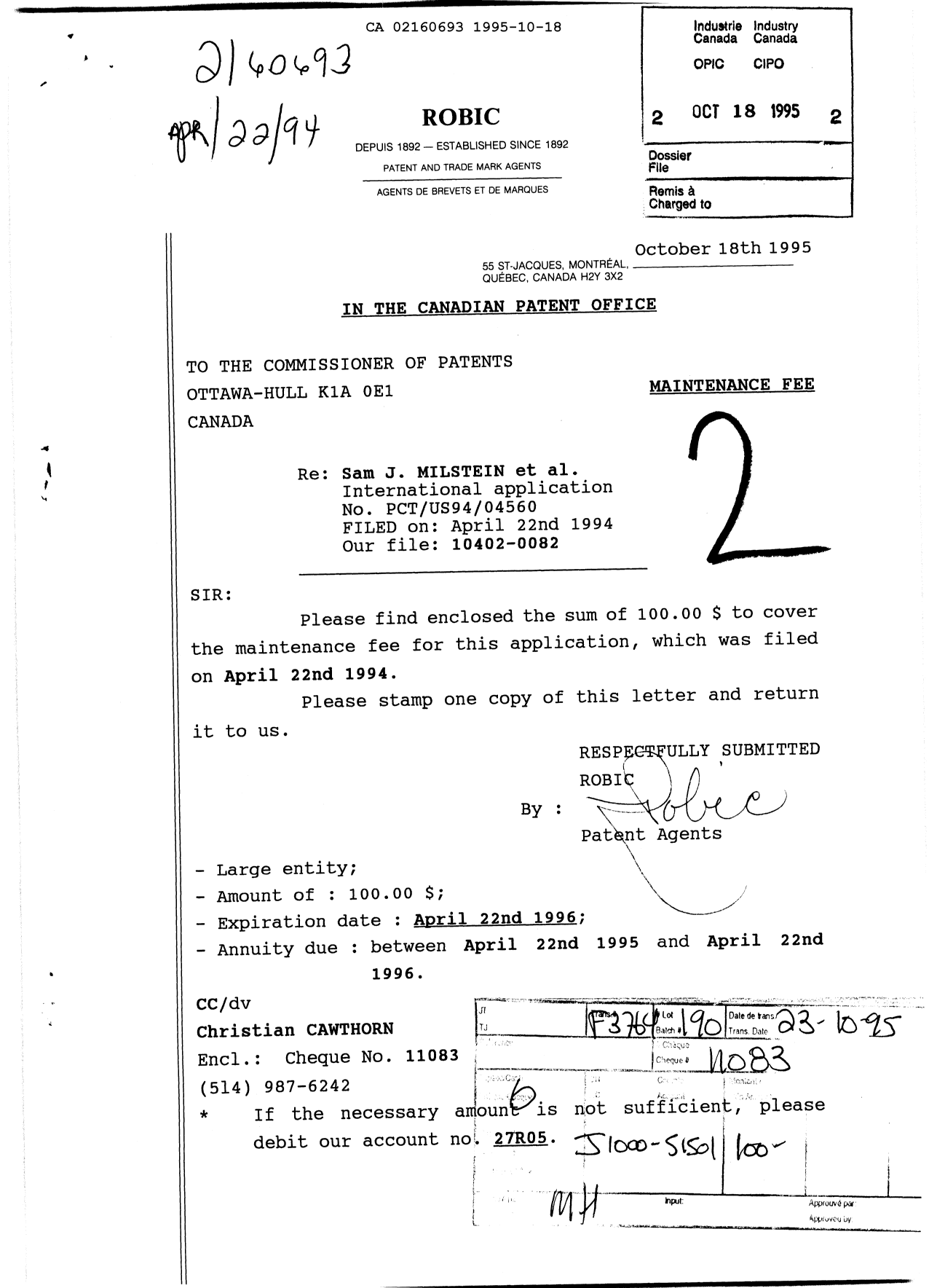Document de brevet canadien 2160693. Taxes 19951018. Image 1 de 1