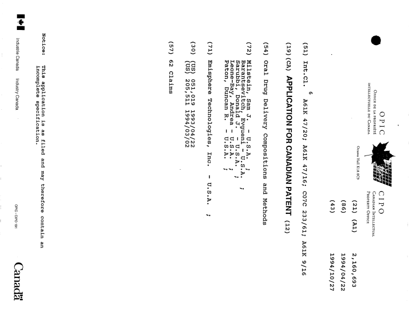 Canadian Patent Document 2160693. Cover Page 19960306. Image 1 of 1