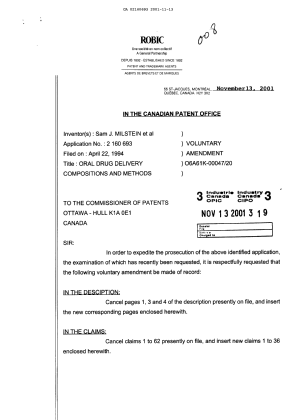 Canadian Patent Document 2160693. Prosecution-Amendment 20011113. Image 1 of 17