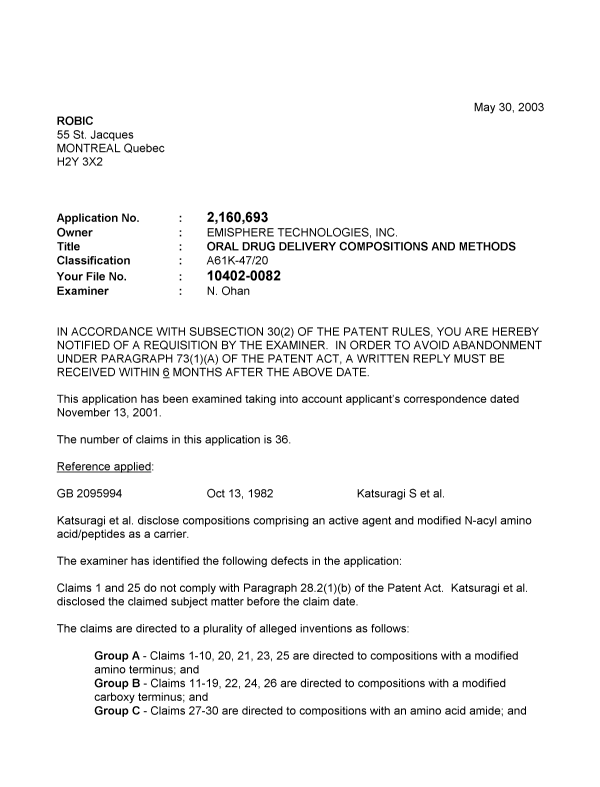 Canadian Patent Document 2160693. Prosecution-Amendment 20030530. Image 1 of 3