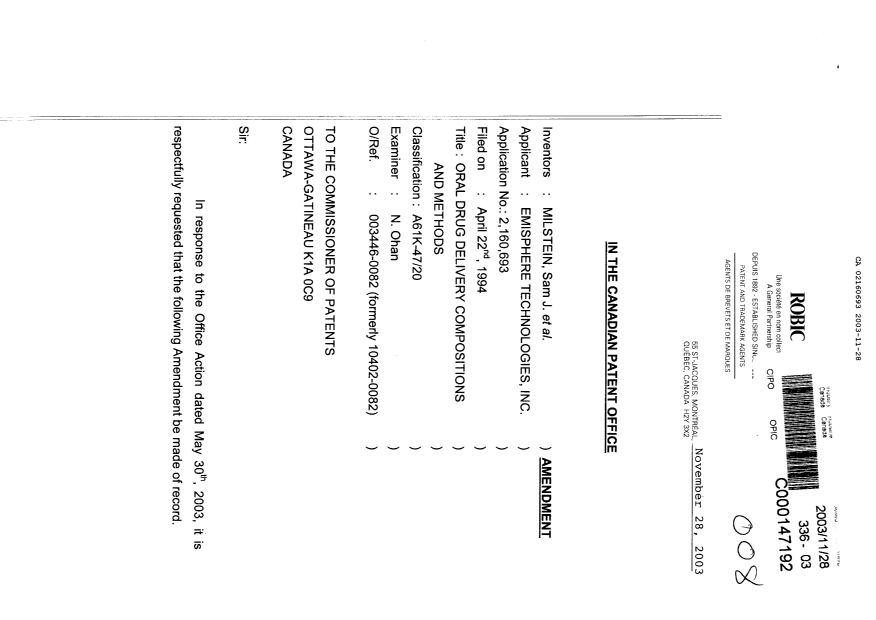 Canadian Patent Document 2160693. Prosecution-Amendment 20031128. Image 1 of 16