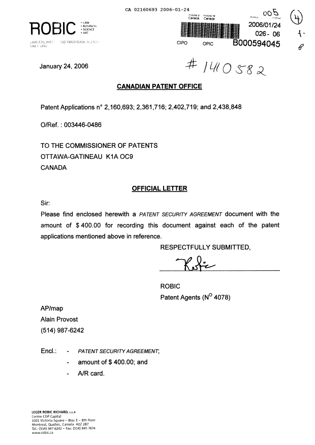 Document de brevet canadien 2160693. Cession 20060124. Image 1 de 8