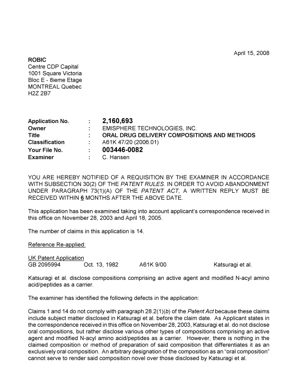Canadian Patent Document 2160693. Prosecution-Amendment 20080415. Image 1 of 2