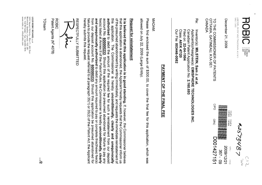 Canadian Patent Document 2160693. Correspondence 20091221. Image 1 of 2
