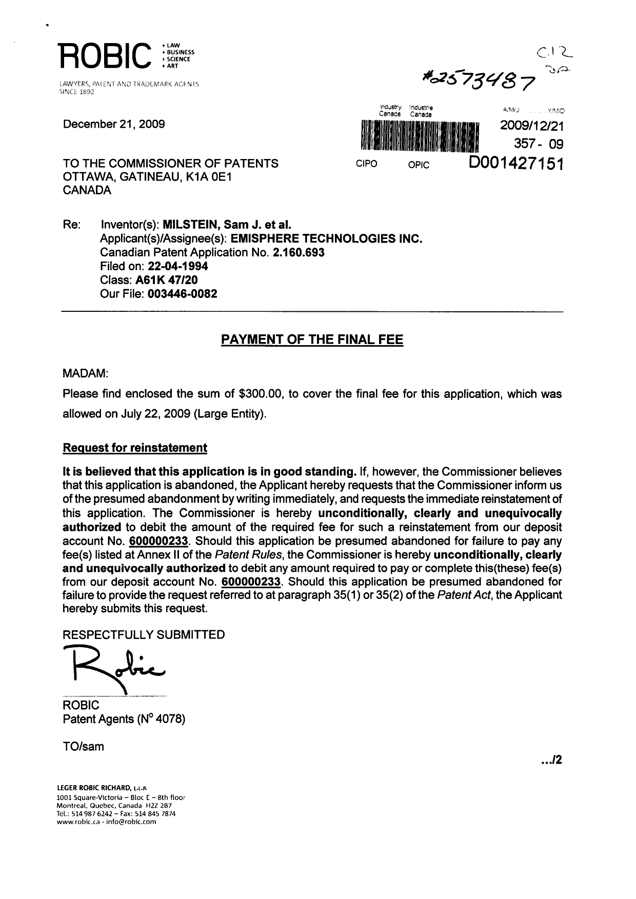 Canadian Patent Document 2160693. Correspondence 20091221. Image 1 of 2