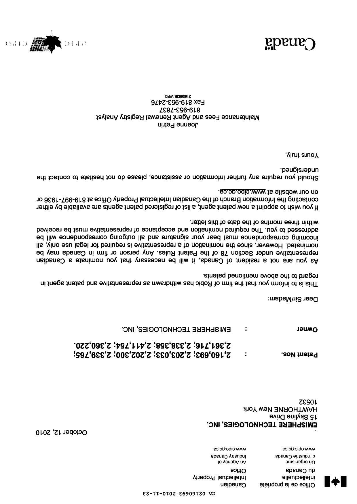 Canadian Patent Document 2160693. Correspondence 20091223. Image 1 of 2