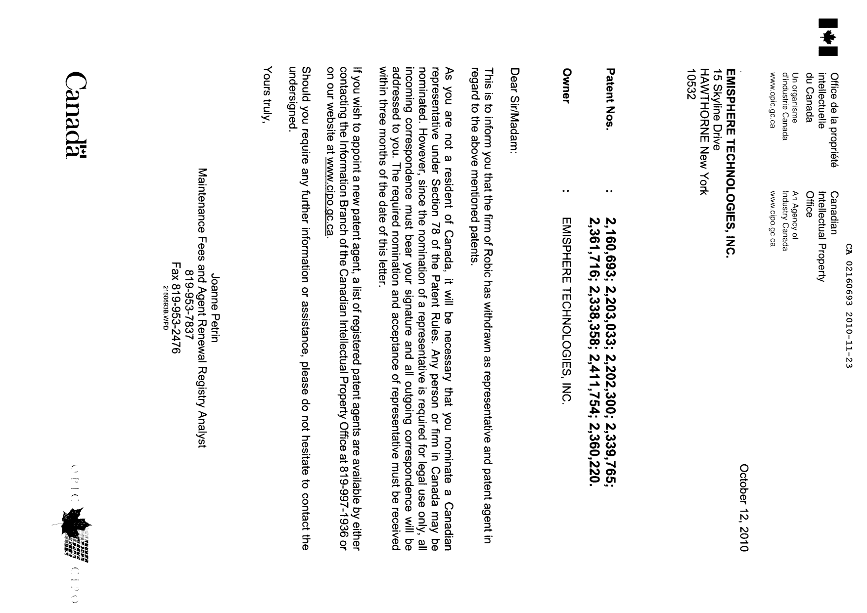 Document de brevet canadien 2160693. Correspondance 20091223. Image 1 de 2