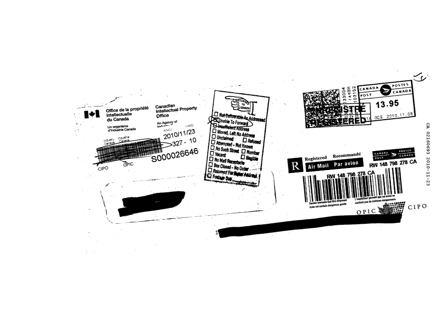 Document de brevet canadien 2160693. Correspondance 20091223. Image 2 de 2