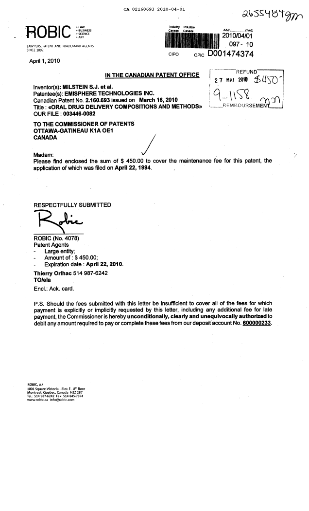 Document de brevet canadien 2160693. Taxes 20100401. Image 1 de 1
