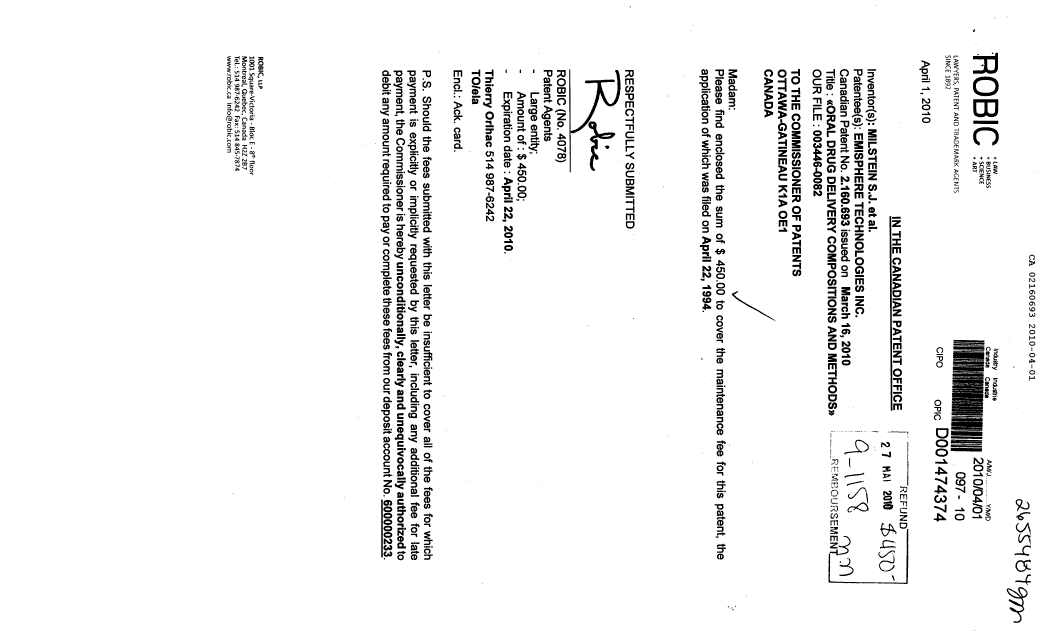 Canadian Patent Document 2160693. Fees 20100401. Image 1 of 1