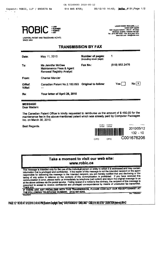 Canadian Patent Document 2160693. Correspondence 20100512. Image 1 of 2