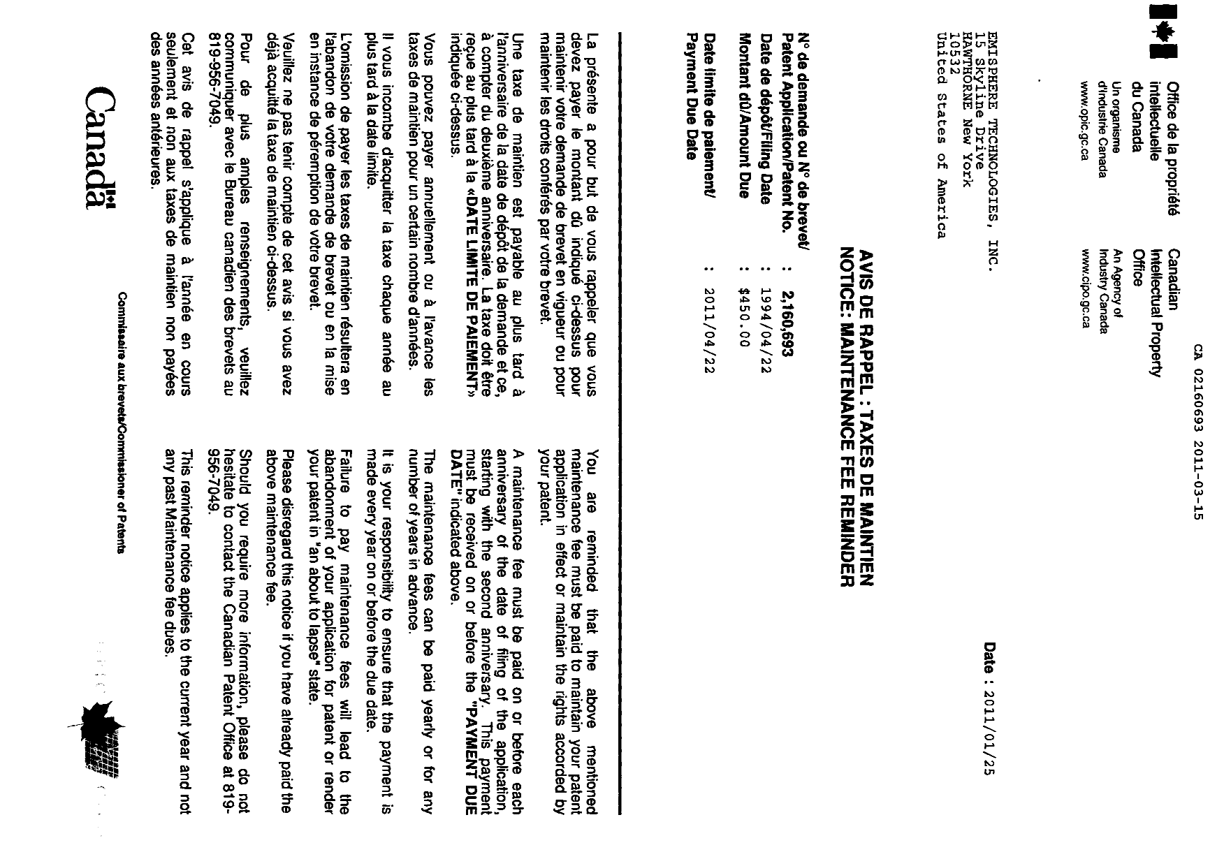 Document de brevet canadien 2160693. Correspondance 20101215. Image 1 de 2