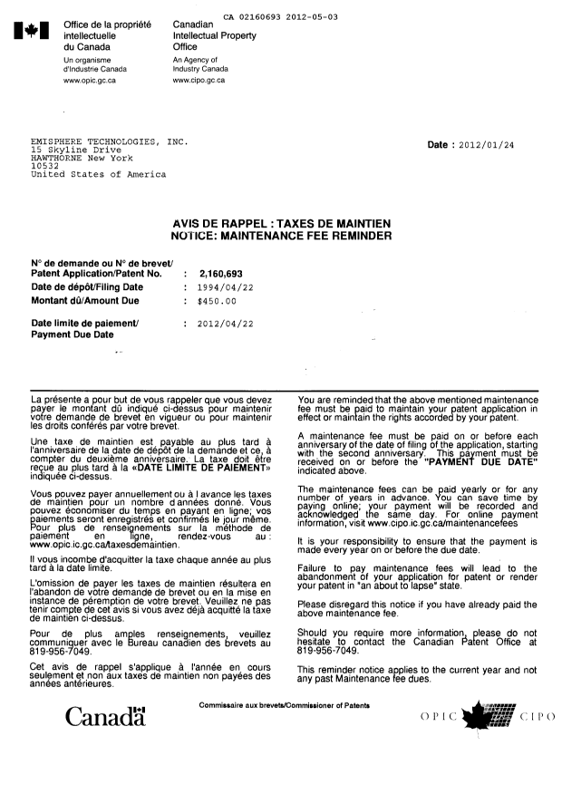 Document de brevet canadien 2160693. Correspondance 20120503. Image 1 de 2