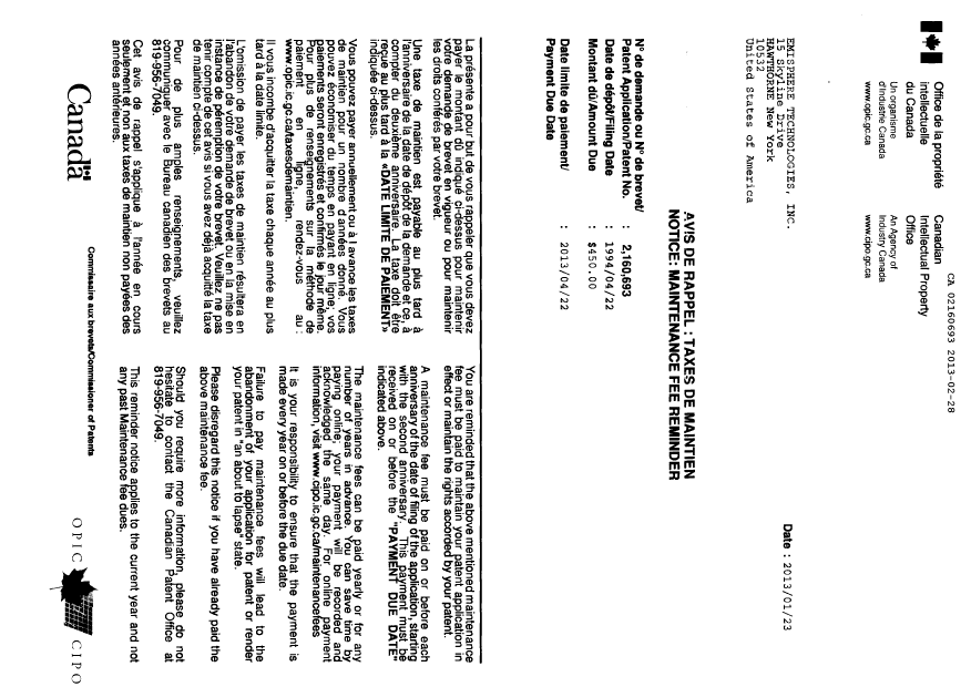Canadian Patent Document 2160693. Correspondence 20130228. Image 1 of 4