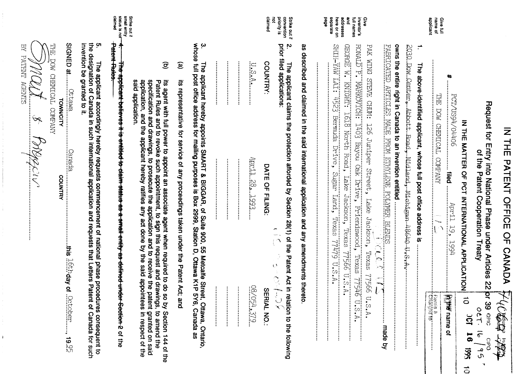 Document de brevet canadien 2160705. Cession 19941216. Image 2 de 11