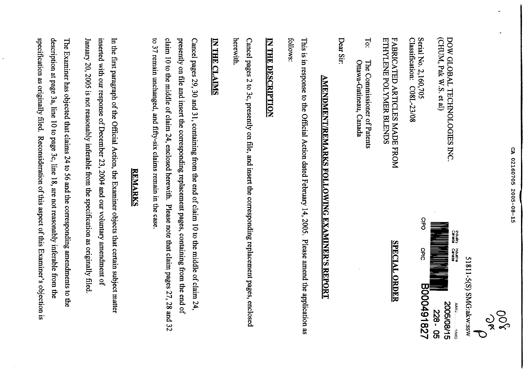 Document de brevet canadien 2160705. Poursuite-Amendment 20041215. Image 1 de 13