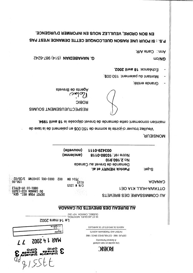 Canadian Patent Document 2160910. Fees 20020314. Image 1 of 1